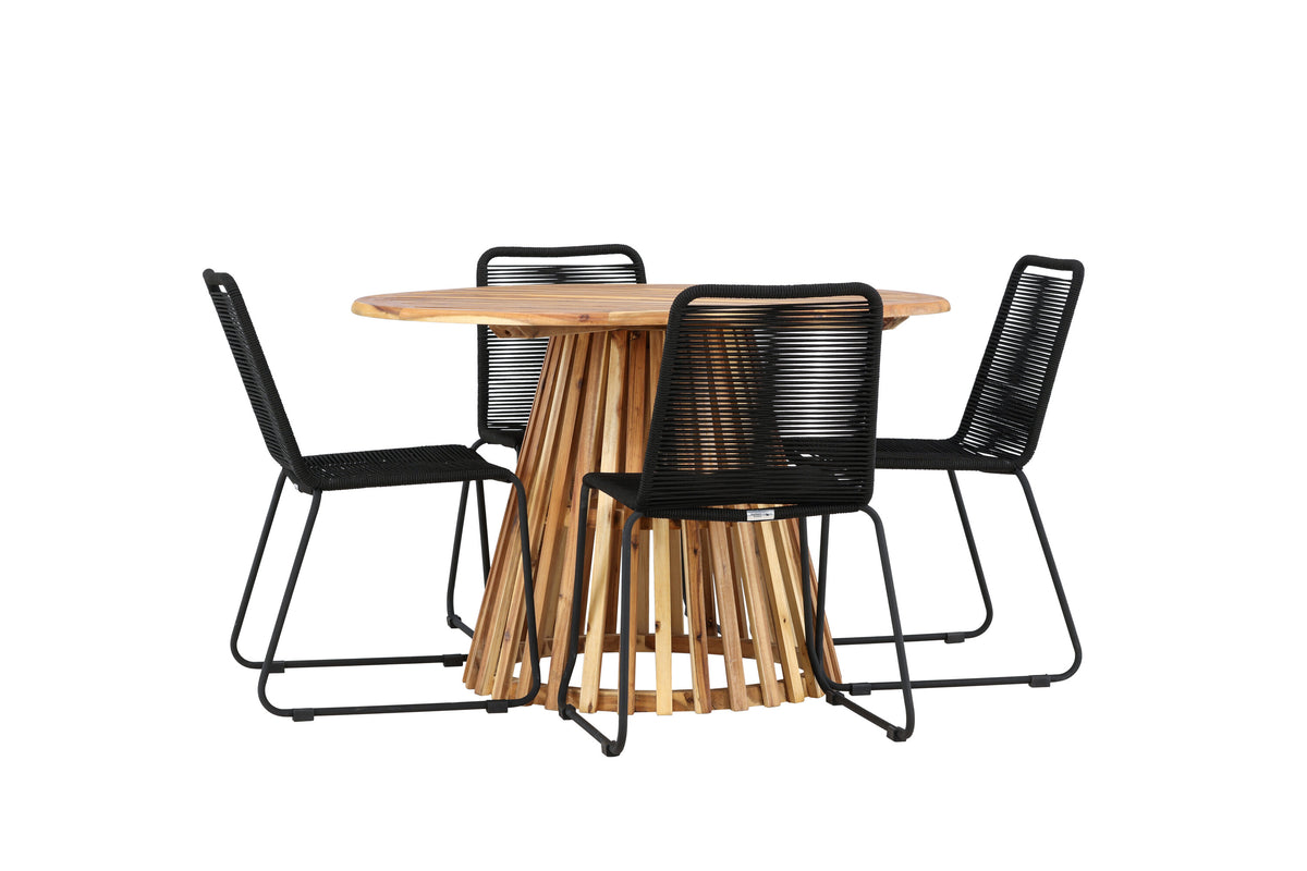 Lumpur och Lindos matgrupp med 4 stapelbara stolar Ø110x75 cm teakfärgad akacia och svart