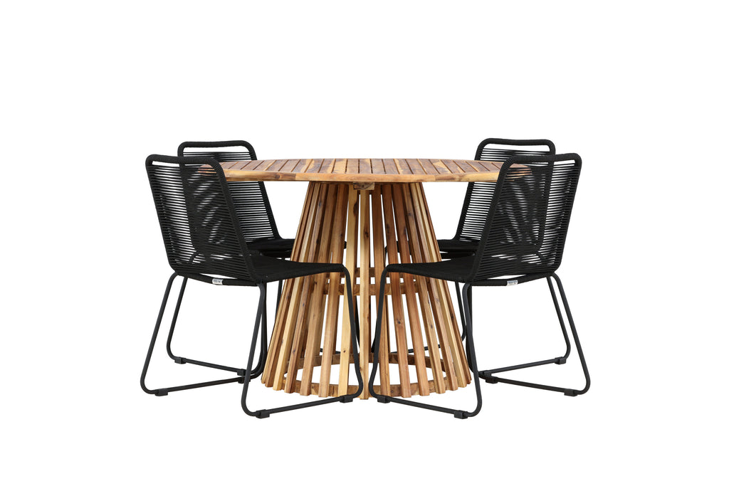 Lumpur och Lindos matgrupp med 4 stapelbara stolar Ø110x75 cm teakfärgad akacia och svart