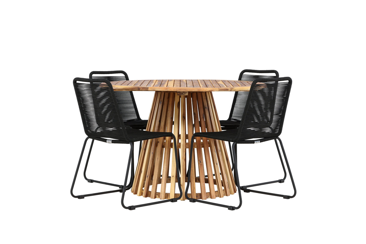 Lumpur och Lindos matgrupp med 4 stapelbara stolar Ø110x75 cm teakfärgad akacia och svart
