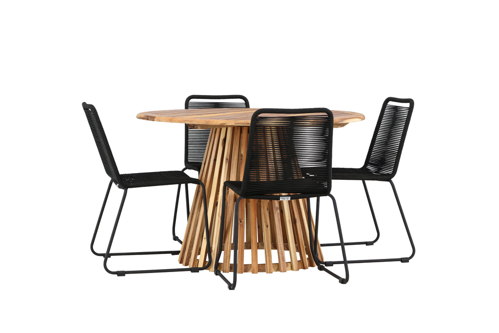 Lumpur och Lindos matgrupp med 4 stapelbara stolar Ø110x75 cm teakfärgad akacia och svart