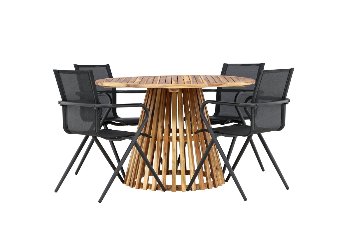 Lumpur och Alina matgrupp med 4 stolar Ø110x75 cm teakfärgad akacia och svart