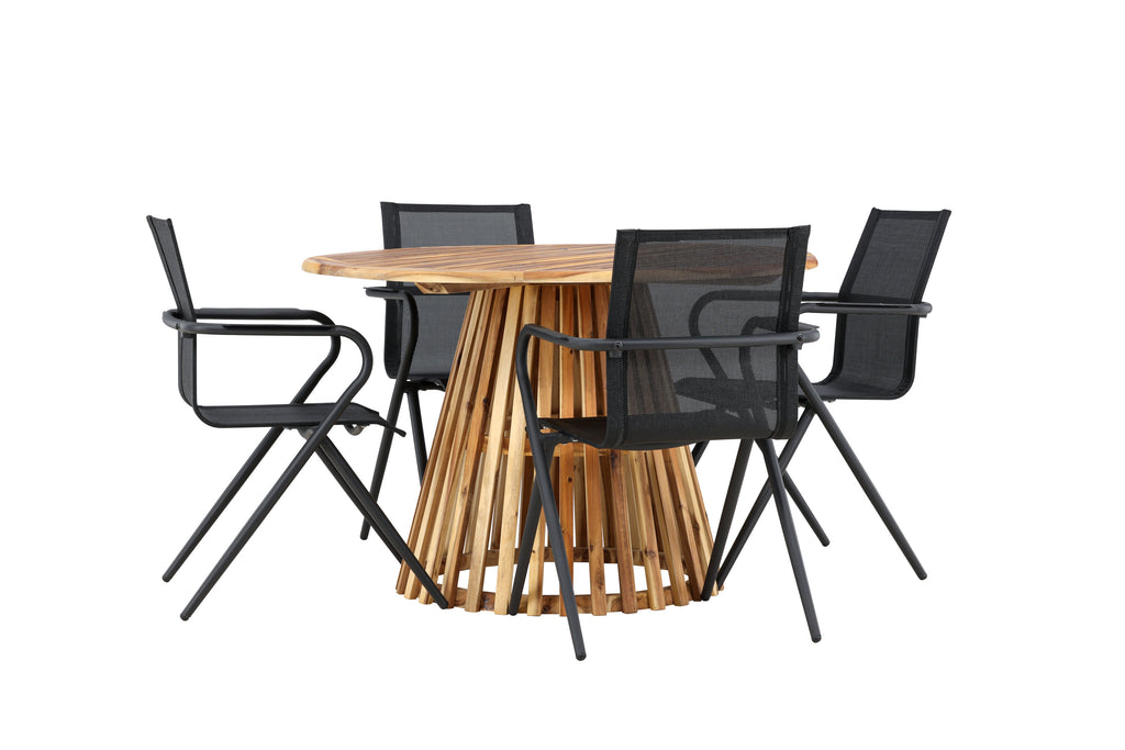 Lumpur och Alina matgrupp med 4 stolar Ø110x75 cm teakfärgad akacia och svart