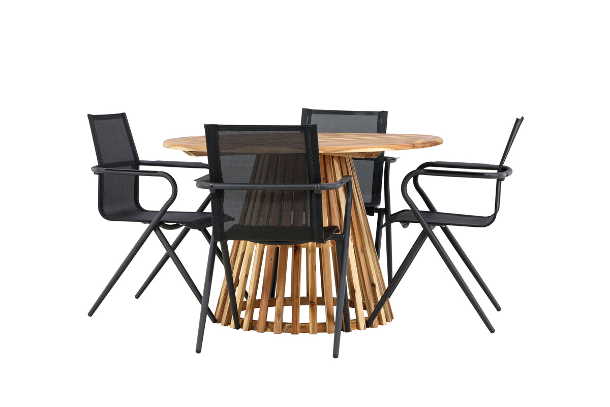 Lumpur och Alina matgrupp med 4 stolar Ø110x75 cm teakfärgad akacia och svart