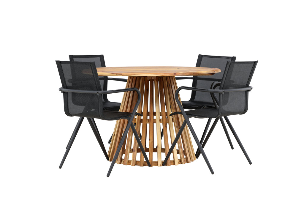 Lumpur och Alina matgrupp med 4 stolar Ø110x75 cm teakfärgad akacia och svart