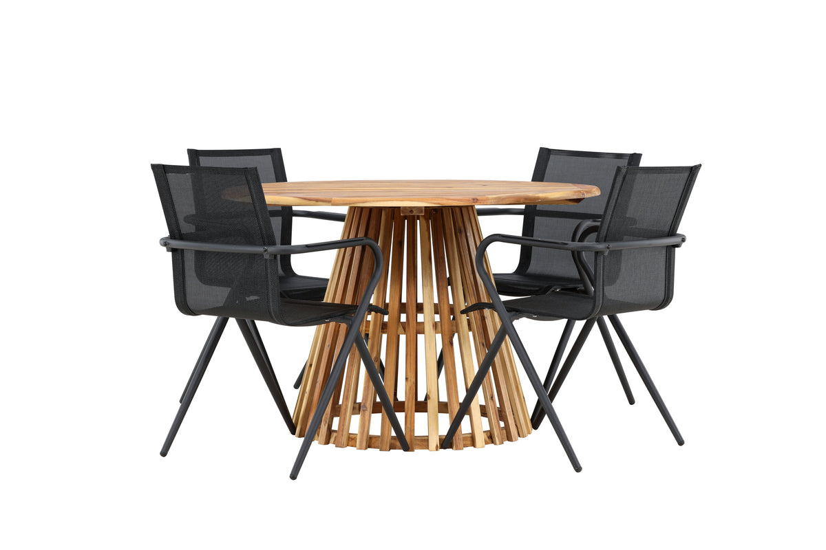 Lumpur och Alina matgrupp med 4 stolar Ø110x75 cm teakfärgad akacia och svart