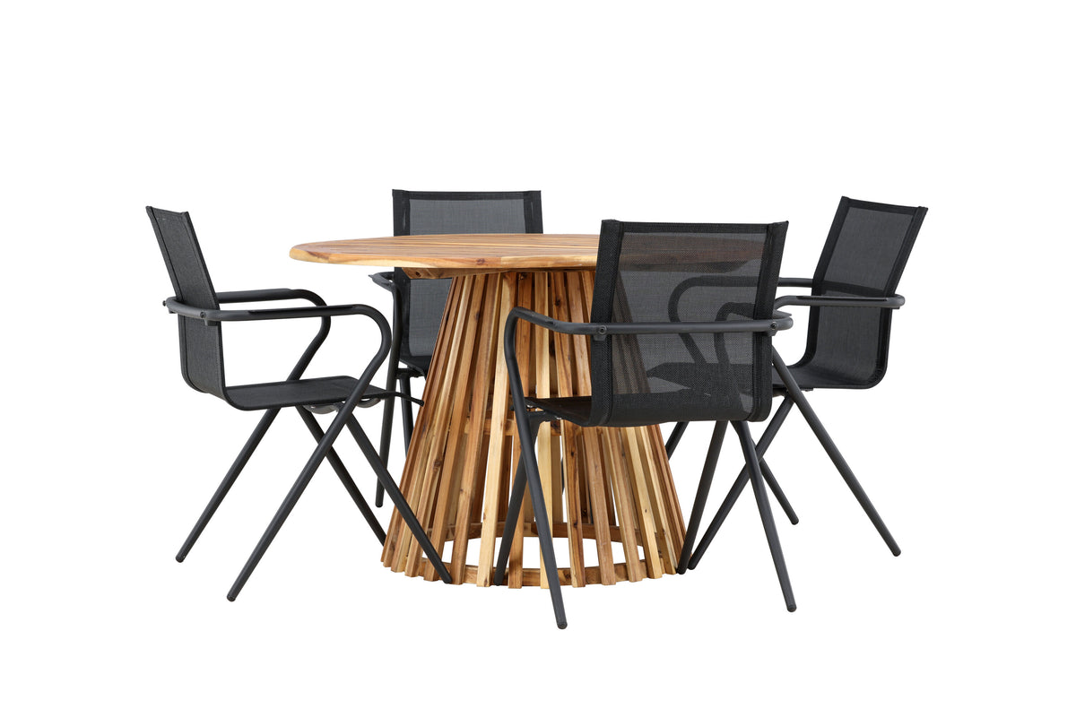 Lumpur och Alina matgrupp med 4 stolar Ø110x75 cm teakfärgad akacia och svart