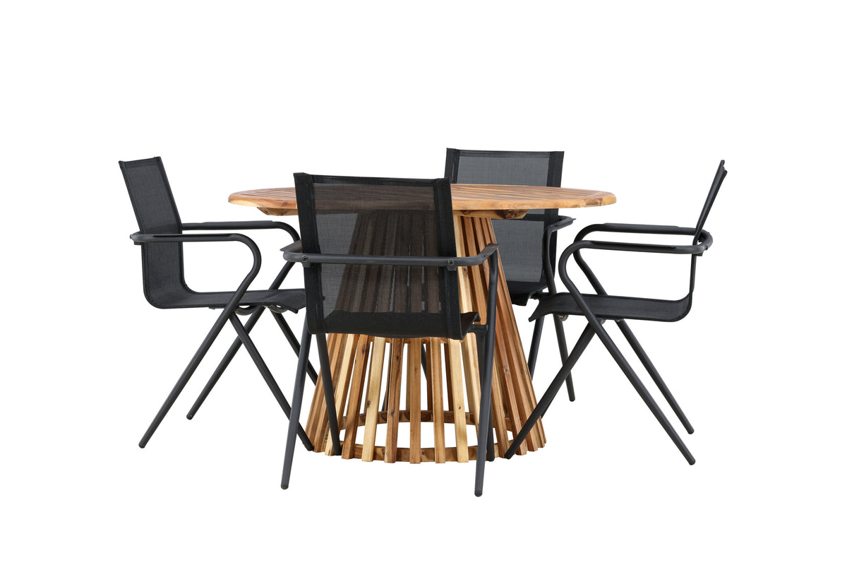 Lumpur och Alina matgrupp med 4 stolar Ø110x75 cm teakfärgad akacia och svart
