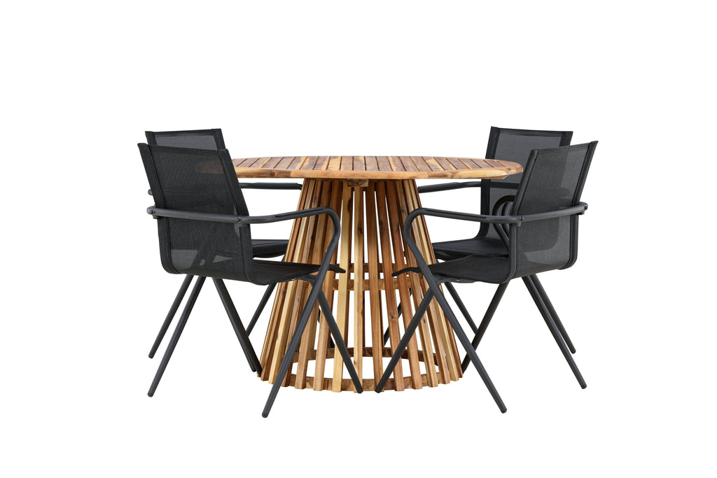 Lumpur och Alina matgrupp med 4 stolar Ø110x75 cm teakfärgad akacia och svart