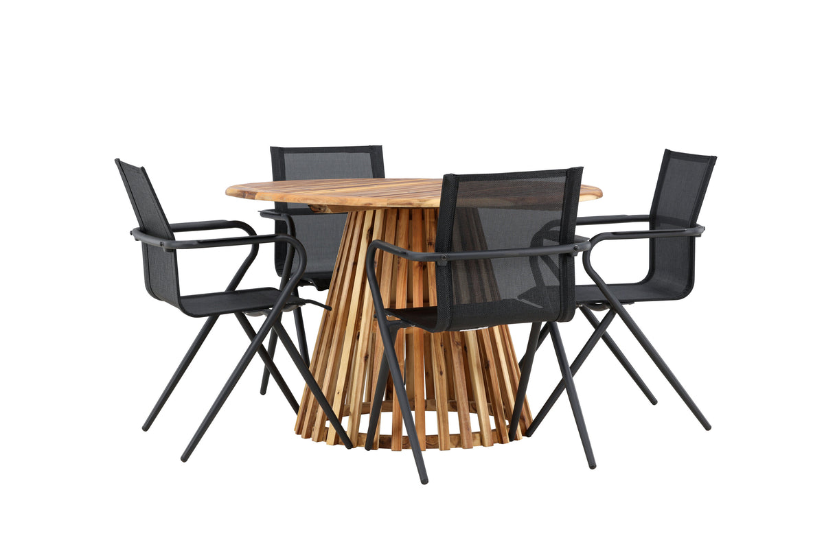 Lumpur och Alina matgrupp med 4 stolar Ø110x75 cm teakfärgad akacia och svart