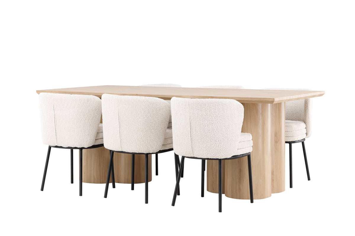 Olivia matbord med Agnes matstolar i bouclé