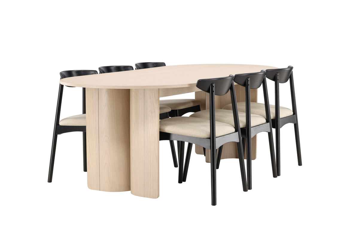 Tyresö matgrupp 100x220 cm vitlaserad med svarta Ven-stolar