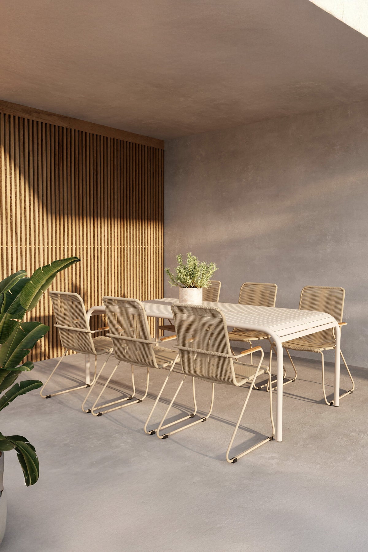 Borneo matgrupp med 6 Bois-stolar beige