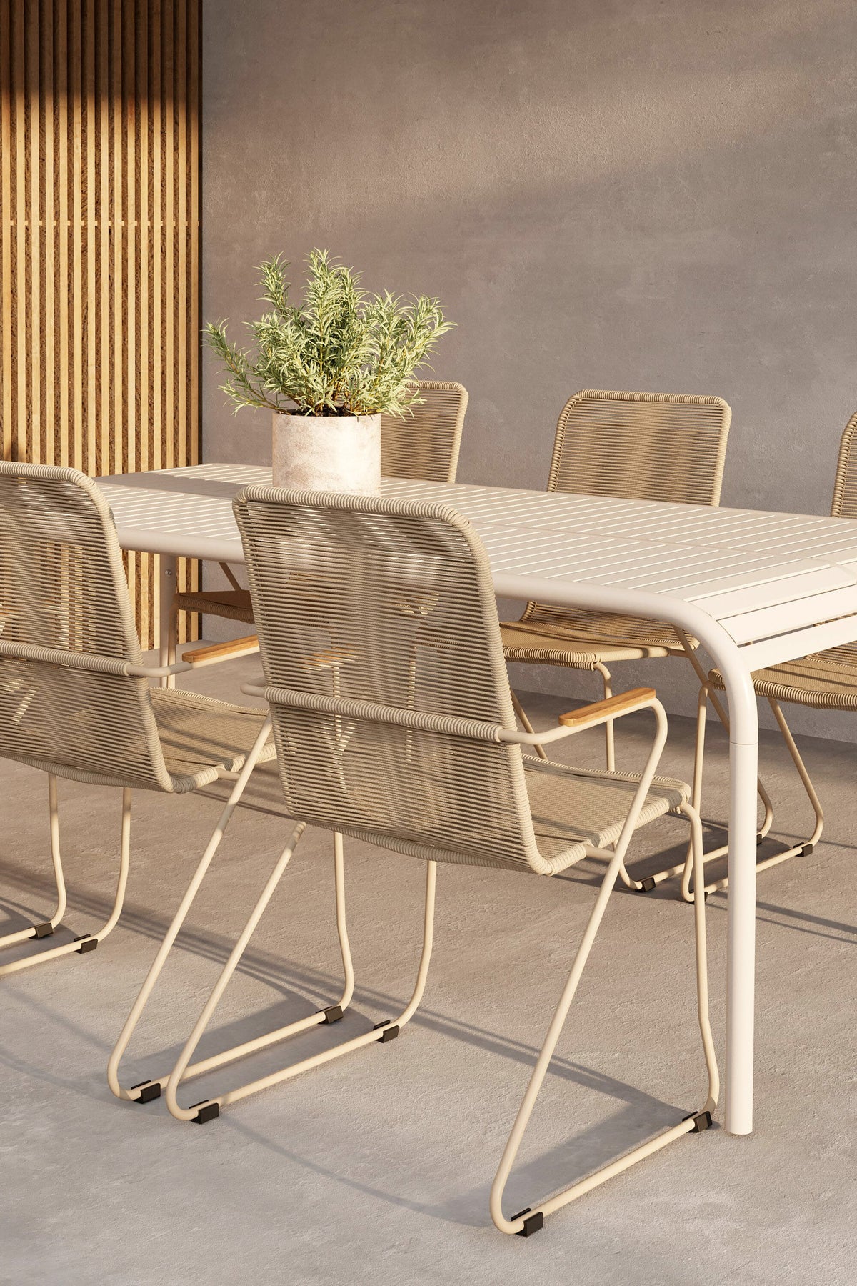 Borneo matgrupp med 6 Bois-stolar beige