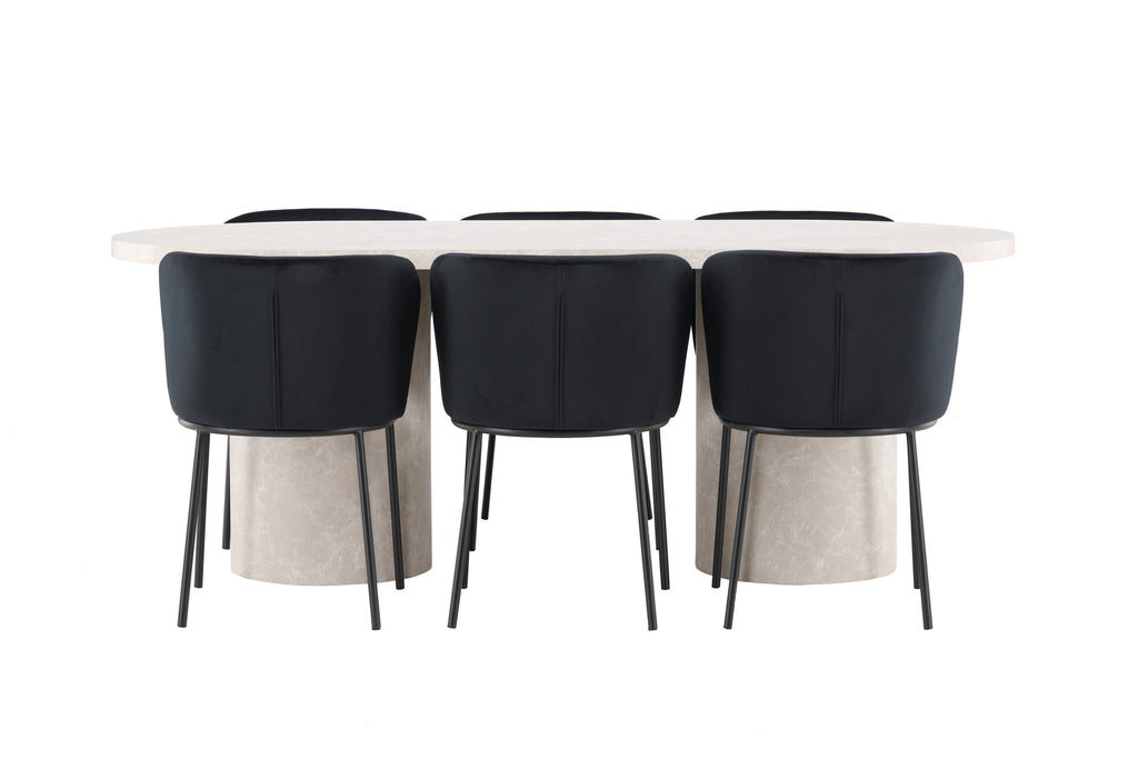 Narvik matgrupp med beige bord och 6 svarta Edina-stolar