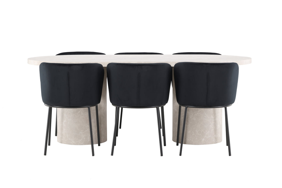 Narvik matgrupp med beige bord och 6 svarta Edina-stolar