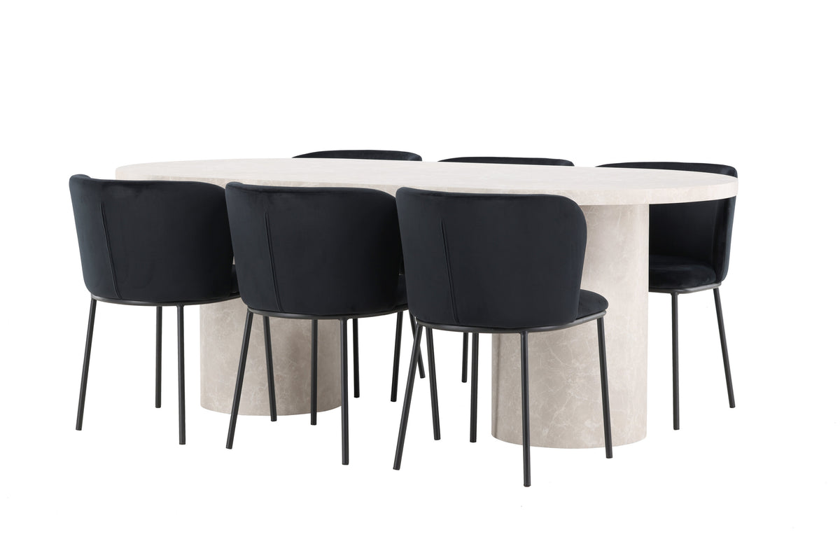 Narvik matgrupp med beige bord och 6 svarta Edina-stolar
