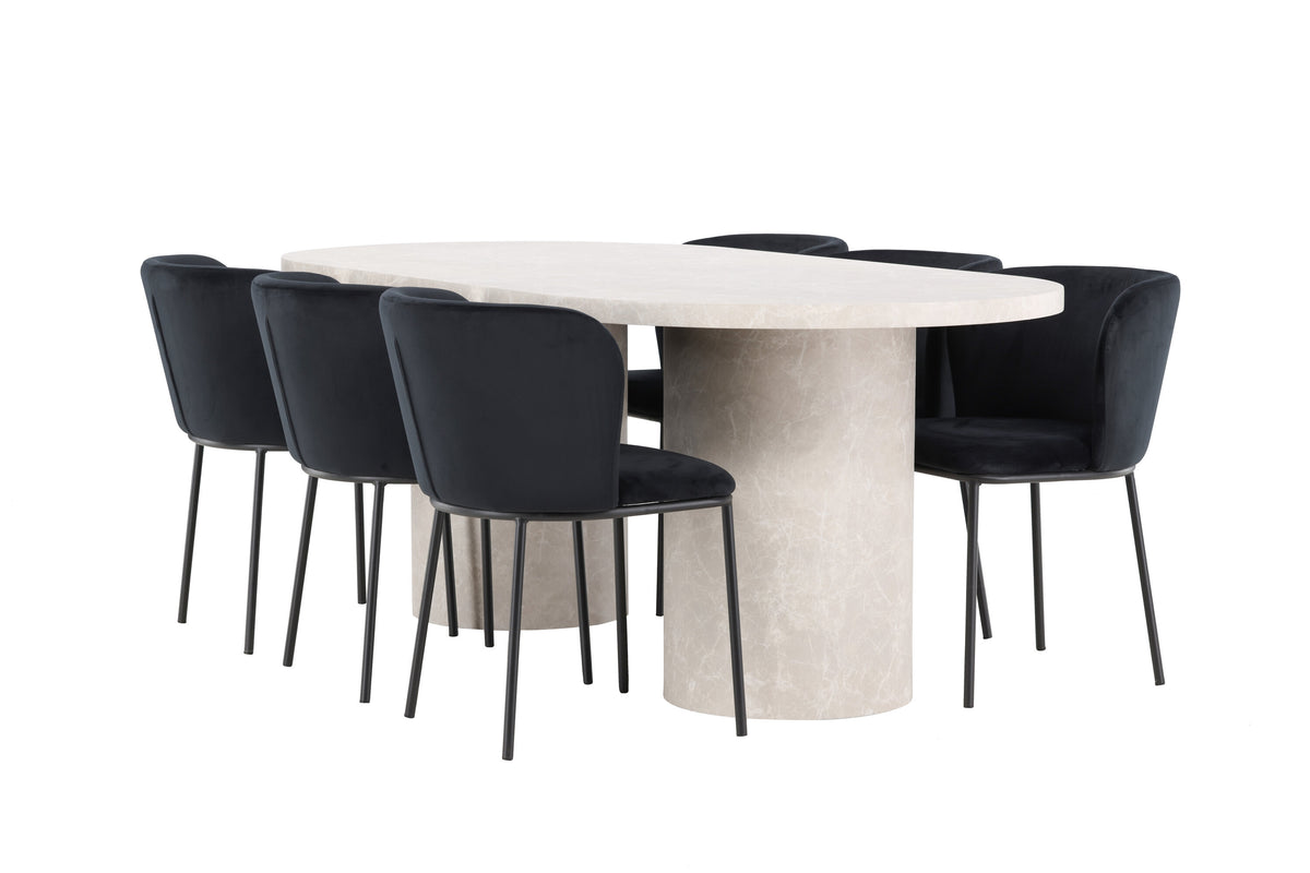 Narvik matgrupp med beige bord och 6 svarta Edina-stolar