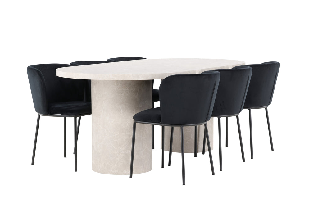 Narvik matgrupp med beige bord och 6 svarta Edina-stolar