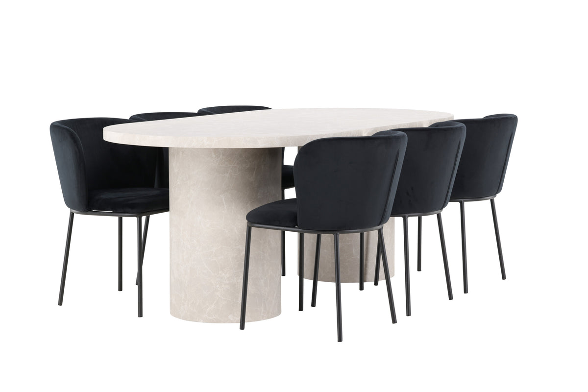 Narvik matgrupp med beige bord och 6 svarta Edina-stolar