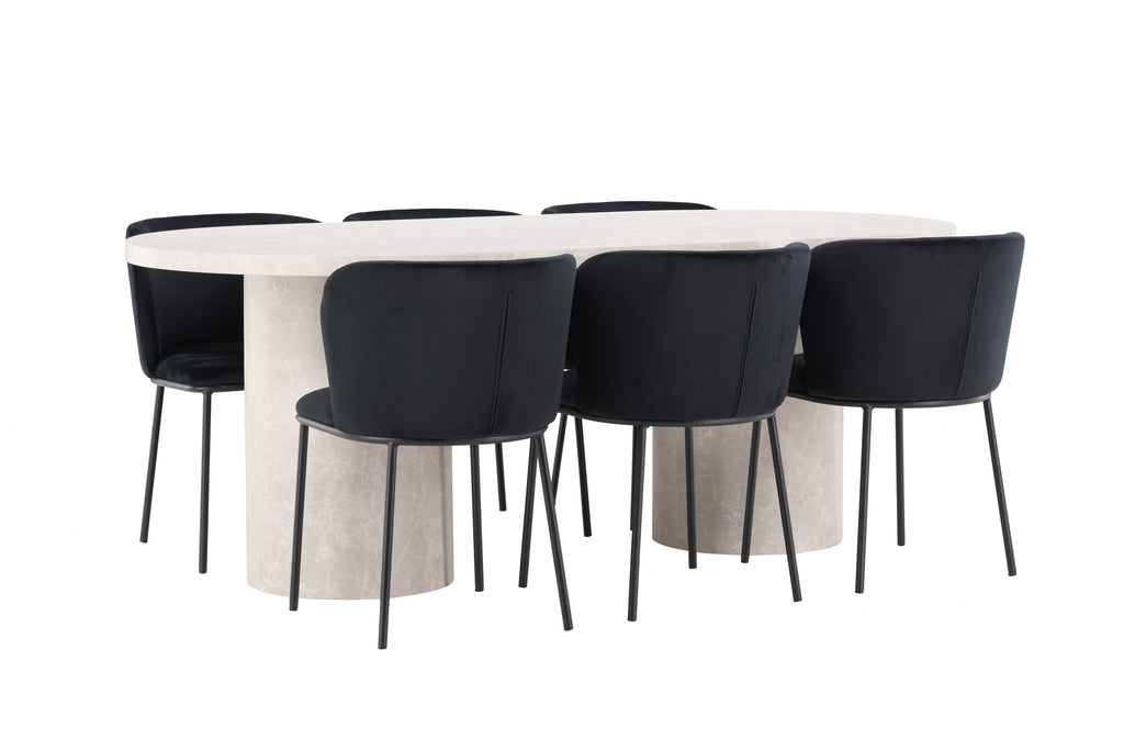 Narvik matgrupp med beige bord och 6 svarta Edina-stolar