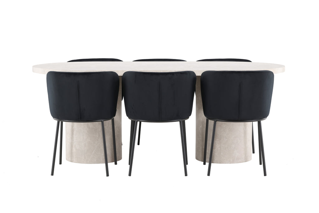 Narvik matgrupp med beige bord och 6 svarta Edina-stolar