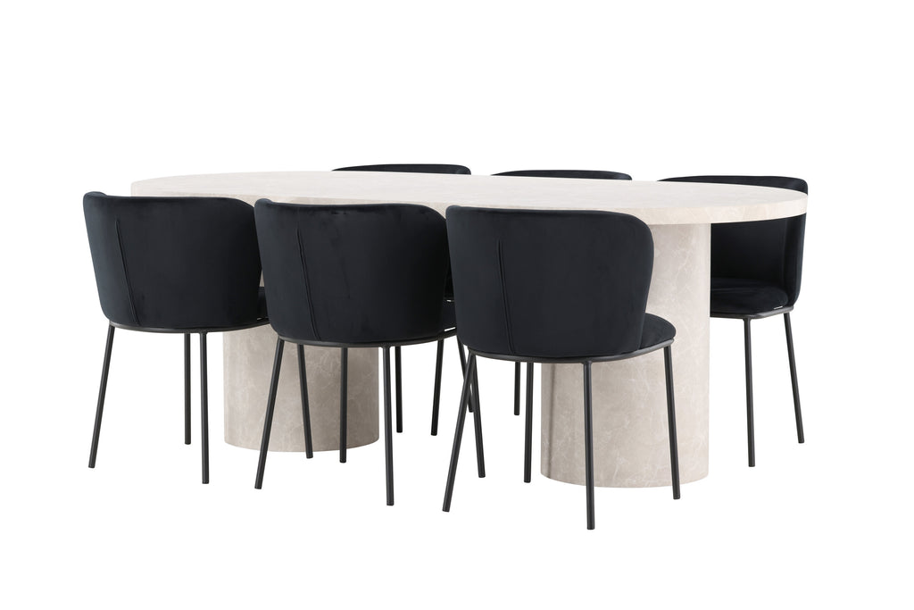 Narvik matgrupp med beige bord och 6 svarta Edina-stolar
