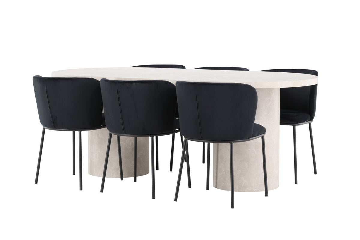 Narvik matgrupp med beige bord och 6 svarta Edina-stolar