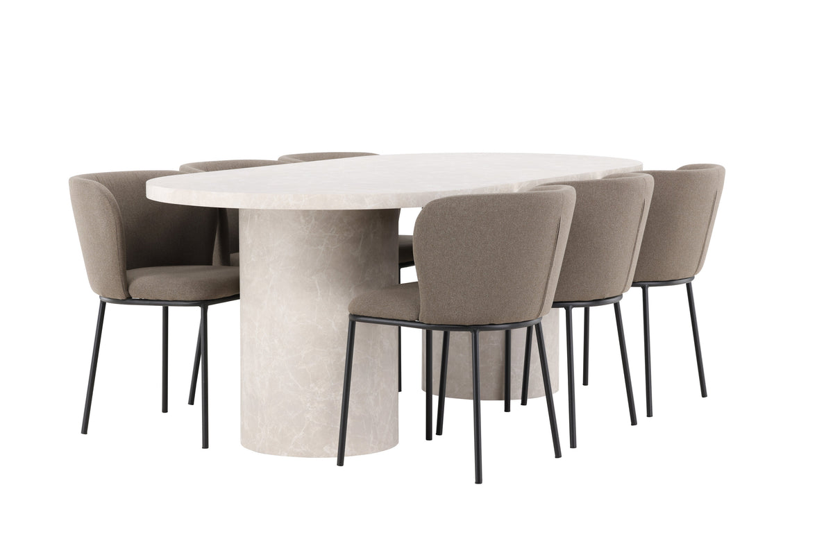 Narvik matgrupp med beige bord och 6 Edina-stolar i svart och brunt
