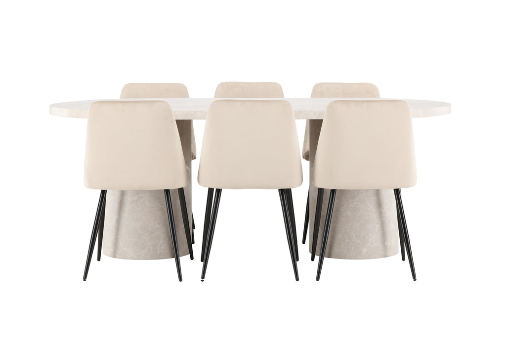 Narvik matgrupp med beige bord och 6 Night-stolar i svart och beige