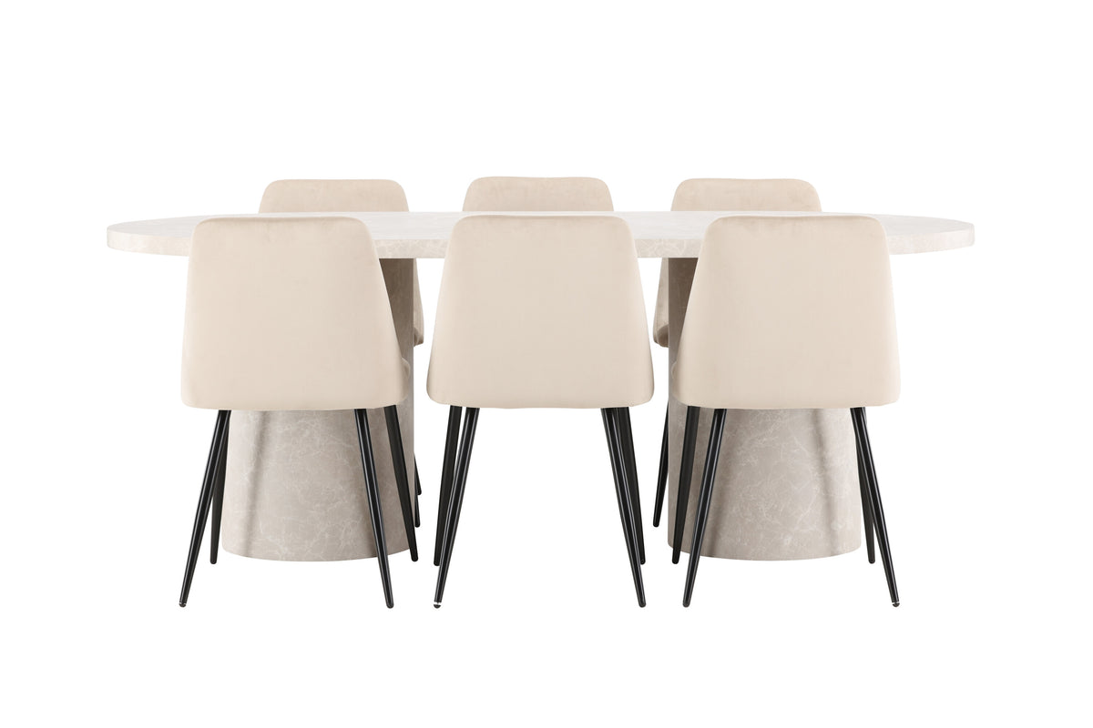 Narvik matgrupp med beige bord och 6 Night-stolar i svart och beige