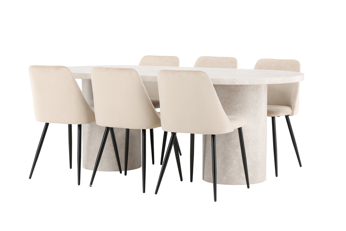 Narvik matgrupp med beige bord och 6 Night-stolar i svart och beige