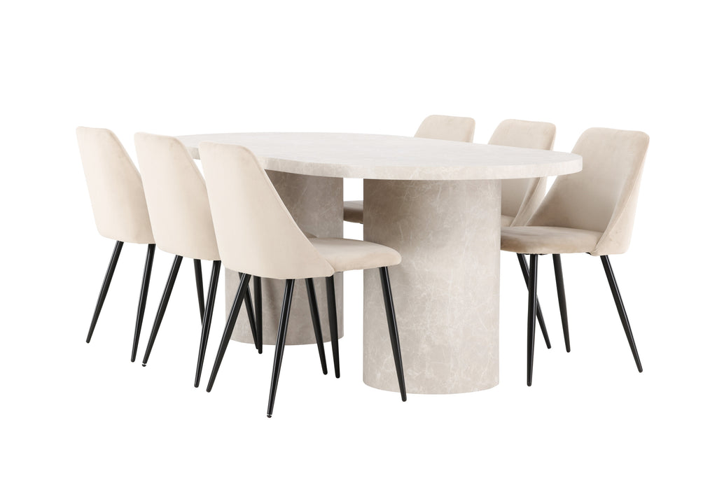 Narvik matgrupp med beige bord och 6 Night-stolar i svart och beige