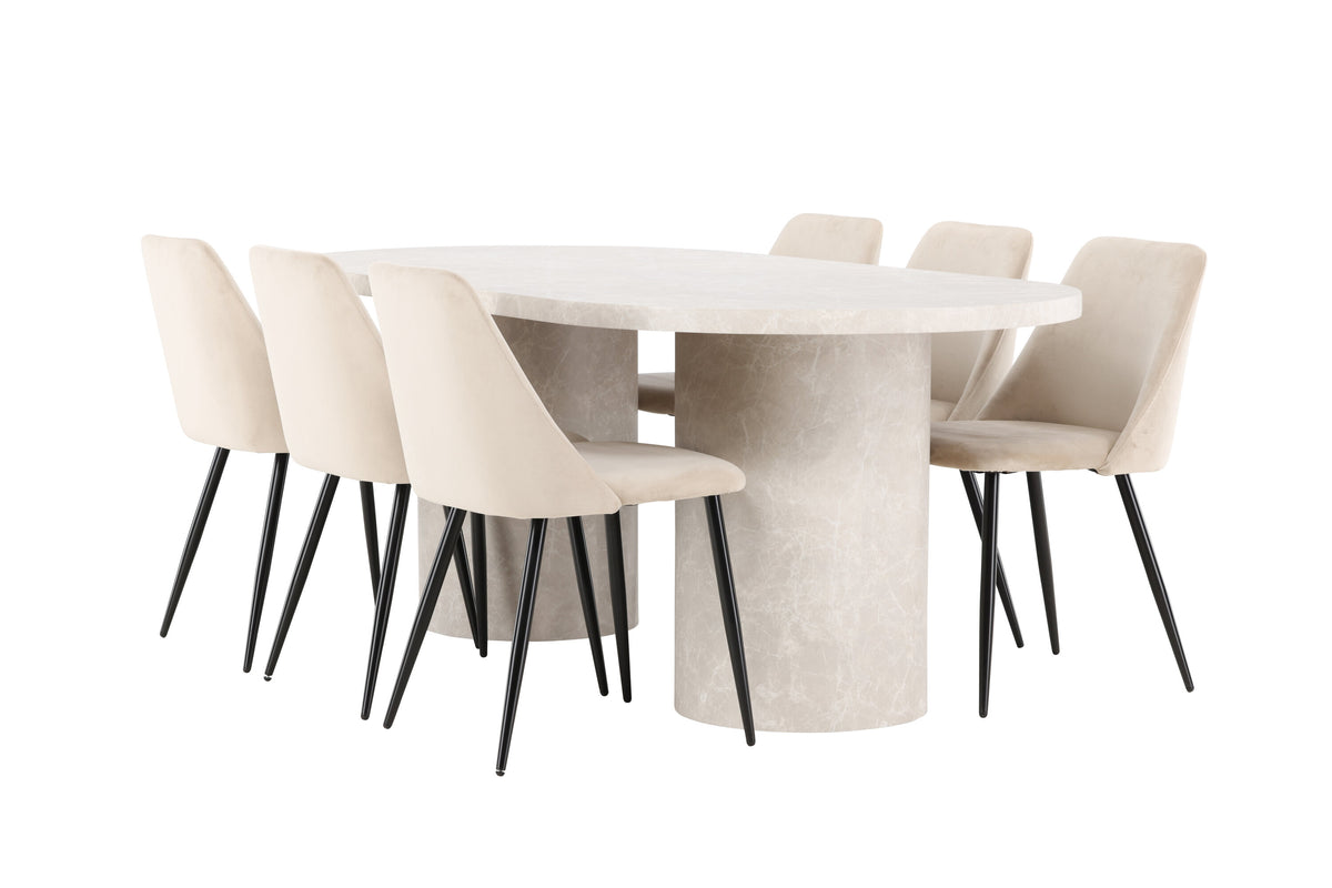 Narvik matgrupp med beige bord och 6 Night-stolar i svart och beige