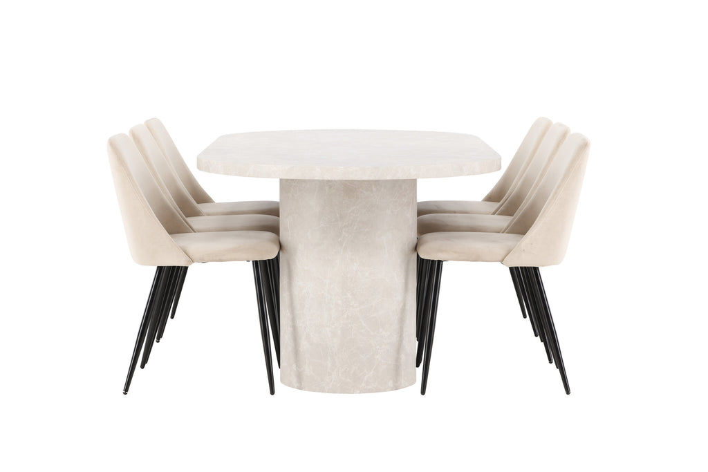 Narvik matgrupp med beige bord och 6 Night-stolar i svart och beige