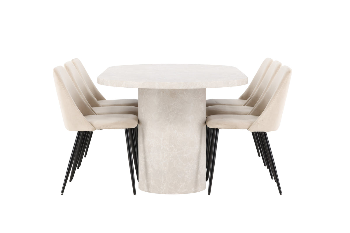 Narvik matgrupp med beige bord och 6 Night-stolar i svart och beige