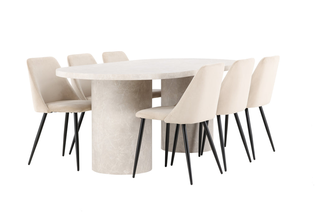 Narvik matgrupp med beige bord och 6 Night-stolar i svart och beige