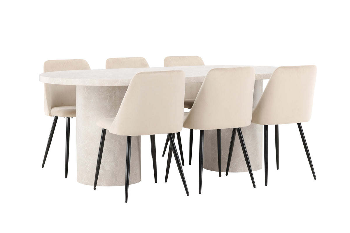 Narvik matgrupp med beige bord och 6 Night-stolar i svart och beige