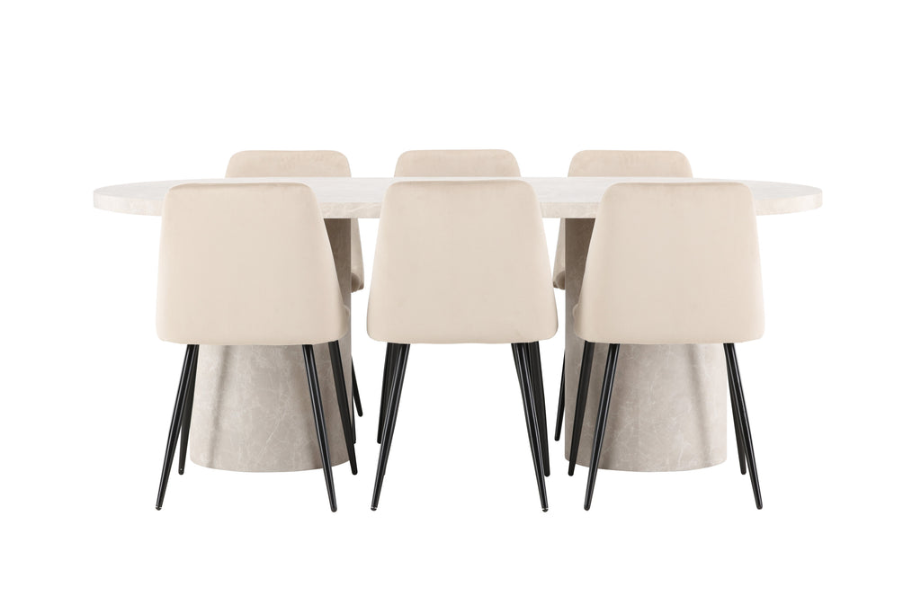 Narvik matgrupp med beige bord och 6 Night-stolar i svart och beige