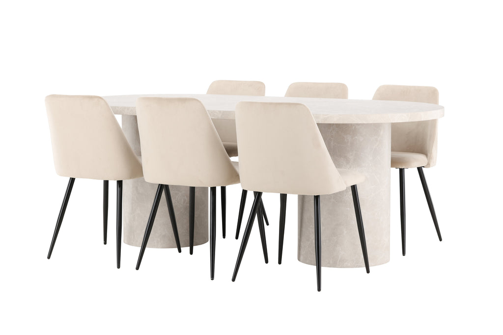 Narvik matgrupp med beige bord och 6 Night-stolar i svart och beige