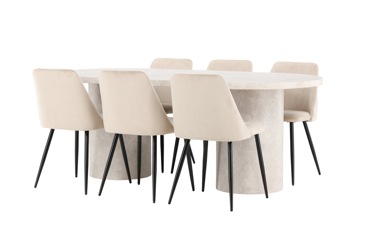 Narvik matgrupp med beige bord och 6 Night-stolar i svart och beige