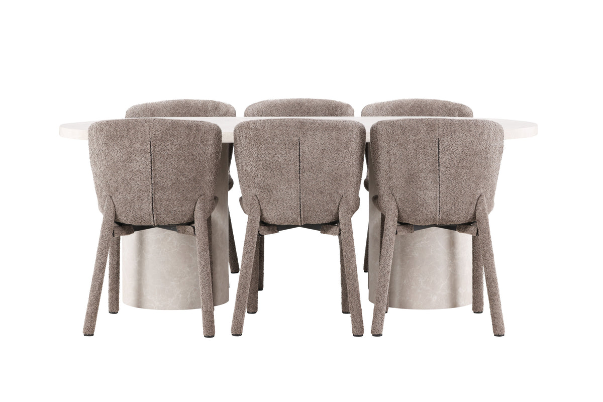 Narvik matgrupp med beige bord och 6 bruna Astoria-stolar