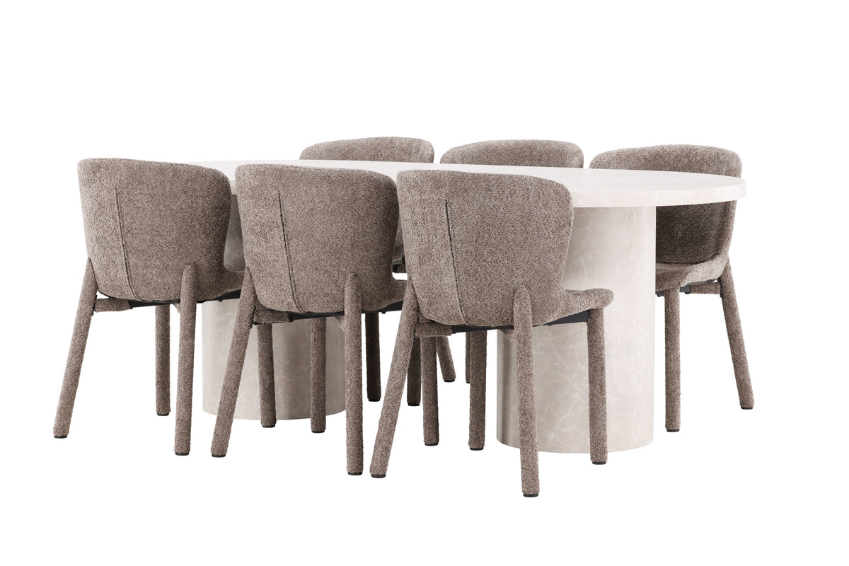 Narvik matgrupp med beige bord och 6 bruna Astoria-stolar