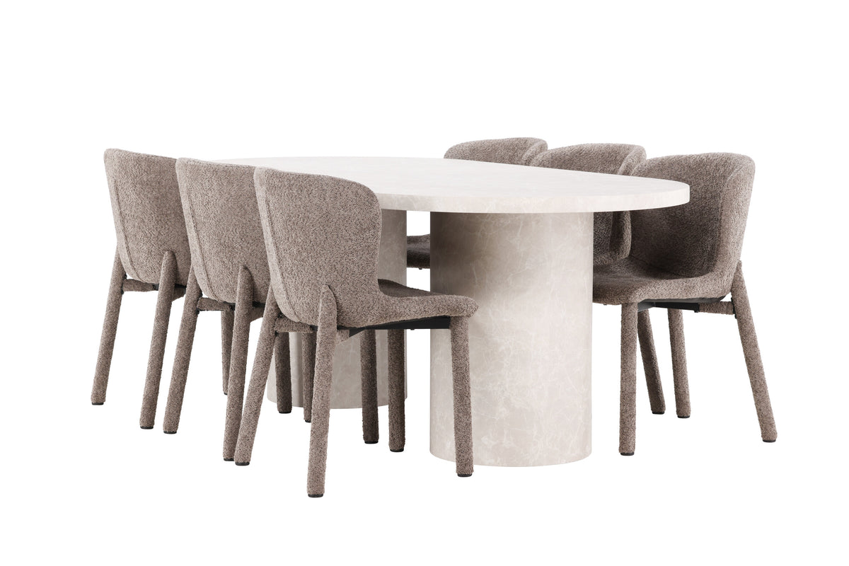 Narvik matgrupp med beige bord och 6 bruna Astoria-stolar