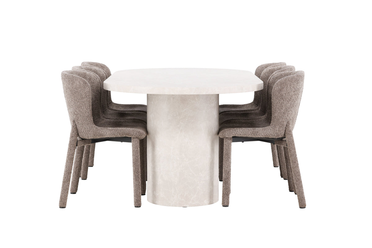 Narvik matgrupp med beige bord och 6 bruna Astoria-stolar