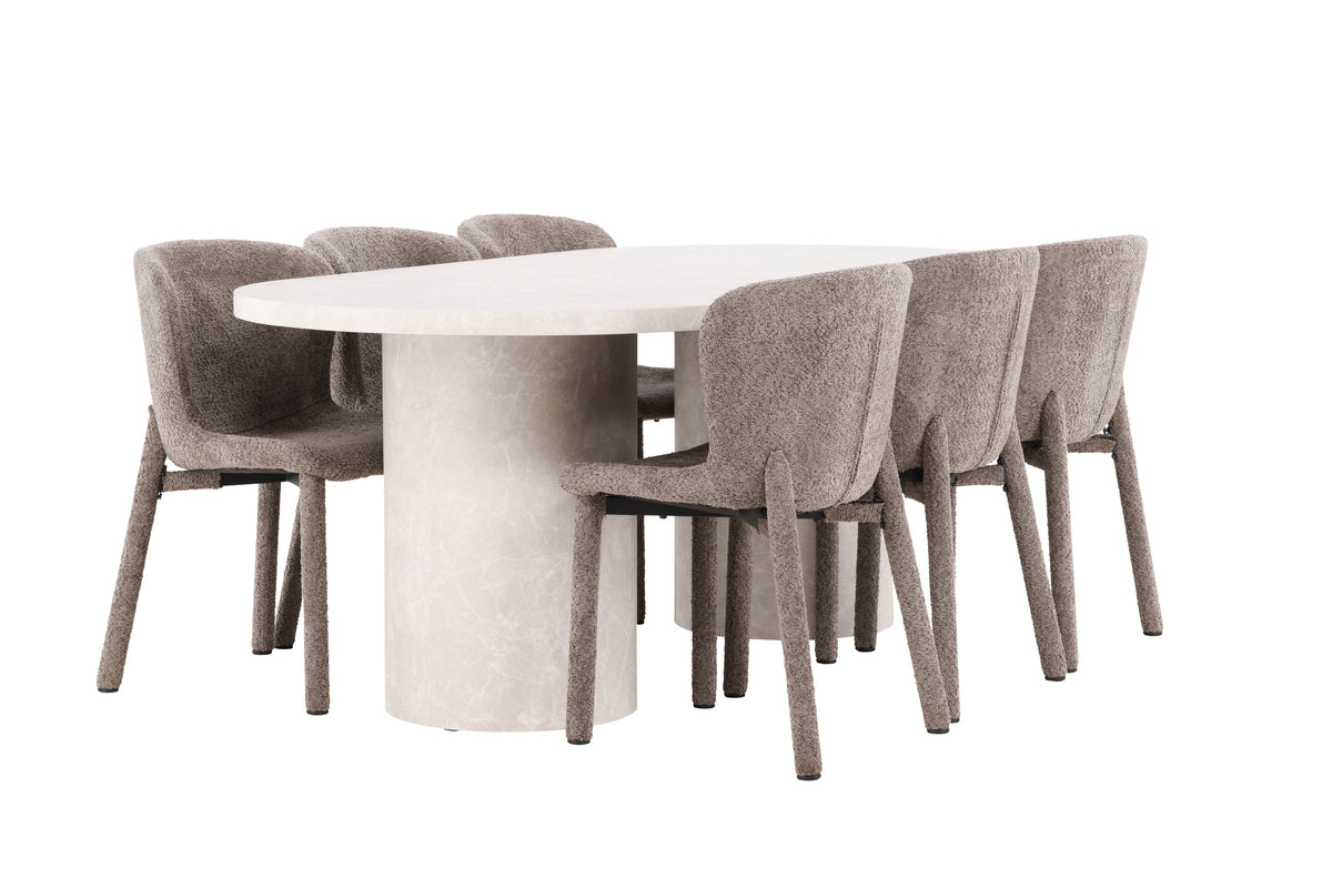 Narvik matgrupp med beige bord och 6 bruna Astoria-stolar
