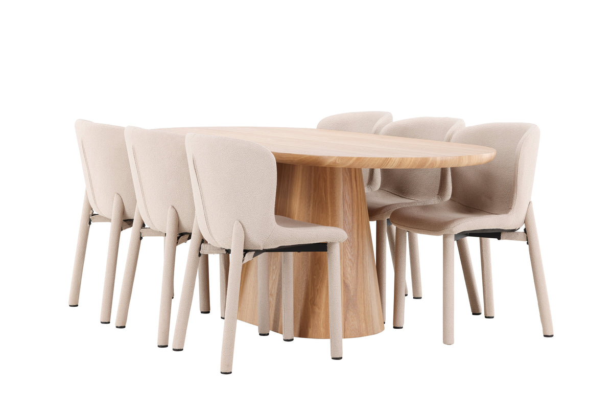 Stjärnö oval matgrupp med naturfärgat bord och 6 beige Astoria-stolar