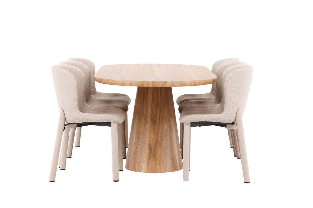 Stjärnö oval matgrupp med naturfärgat bord och 6 beige Astoria-stolar