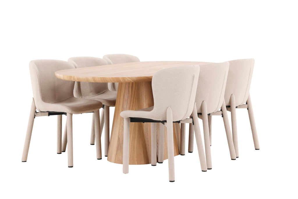 Stjärnö oval matgrupp med naturfärgat bord och 6 beige Astoria-stolar