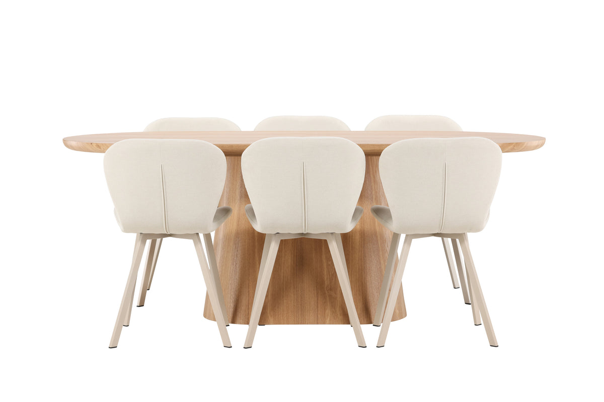 Stjärnö oval matgrupp med naturfärgat bord och 6 beige Lilja-stolar
