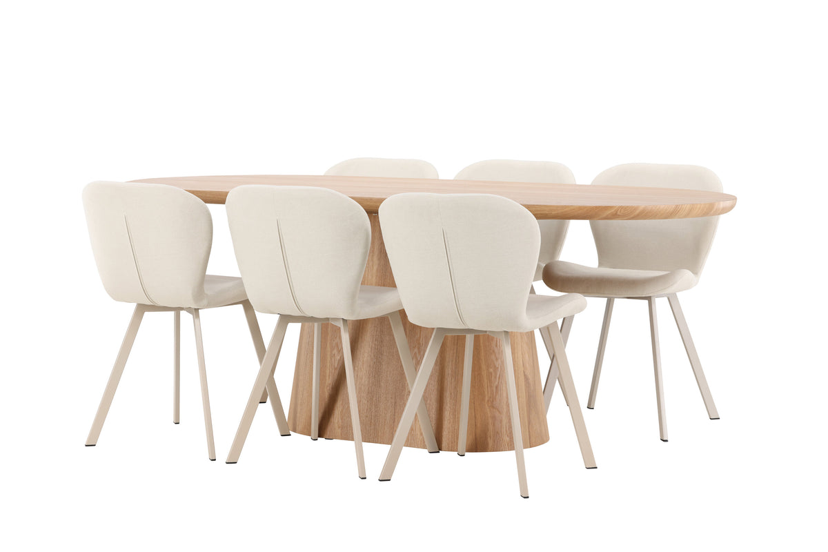 Stjärnö oval matgrupp med naturfärgat bord och 6 beige Lilja-stolar